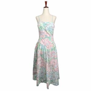 Vtg 80's Sunshine Starshine Tea Dress Floral Basque Waist Fit Flare Cottagecore